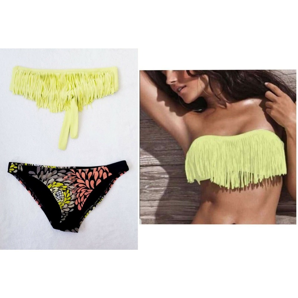 L SPACE SWIMWEAR "2-PIECE" DOLLY FRINGE BANDEAU TOP & CHEEKY BOTTOM BIKINI S